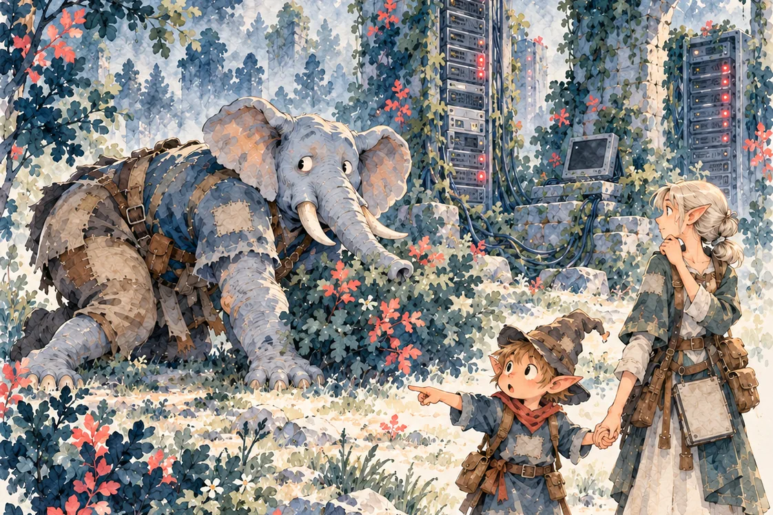 Watercolour illustration: a giant patched-up elephant hides among overgrown server racks with red warning lights, while a young elf points at it and holds a companion's hand